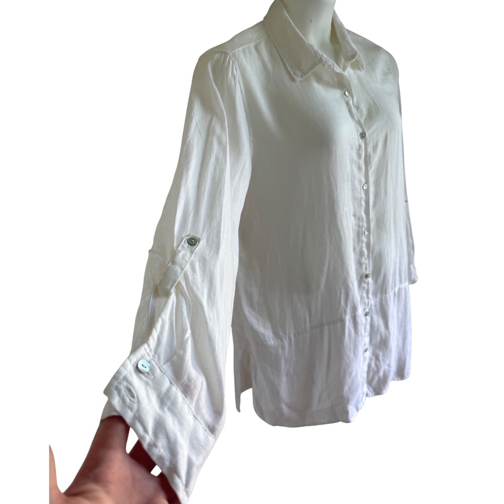 Quiet Luxury Linen Button Down Tunic Shirt White Long Sleeve‎ Oversized Tahari L - Picture 4 of 6
